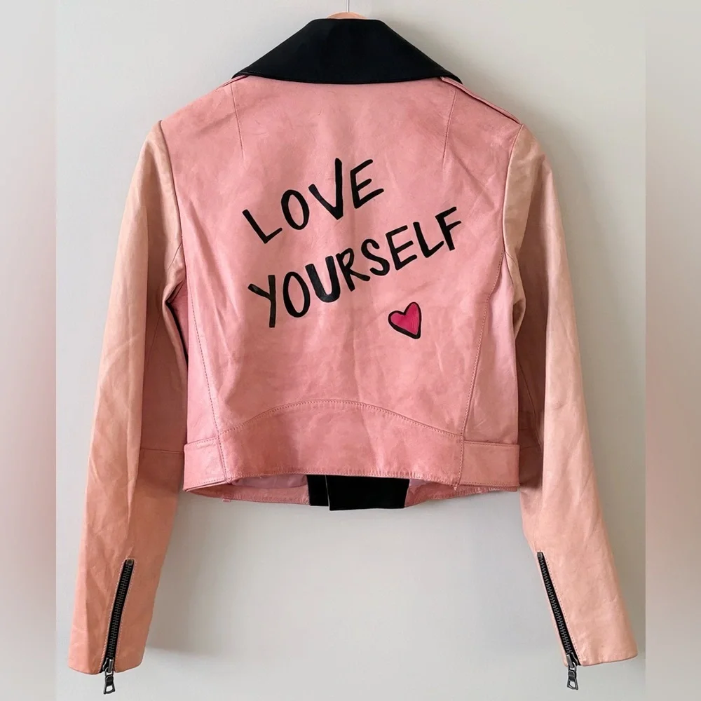 Alice + Olivia Lamb Leather Moto Jacket – “LOVE YOURSELF” – Size S - Picture 4 of 11